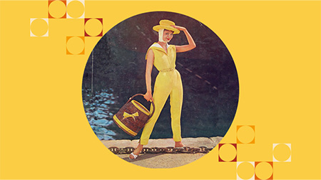 A yellow background with a circular image in the centre. A woman dressed in a yellow jumpsuit and hat with a straw basket.