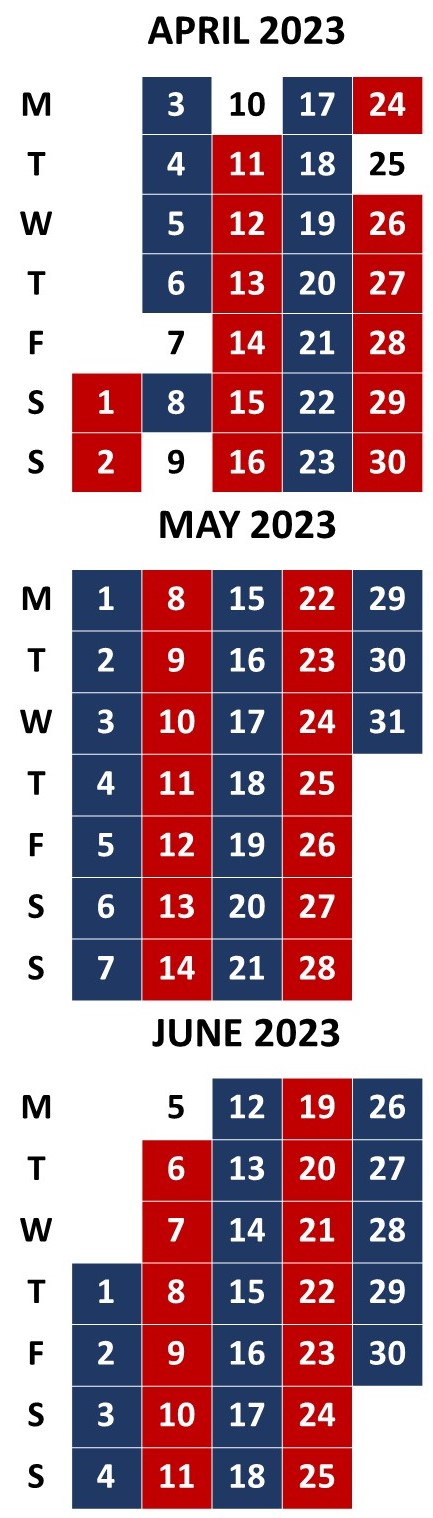 Mobile library calendar for April to June 2023 with red and blue weeks.