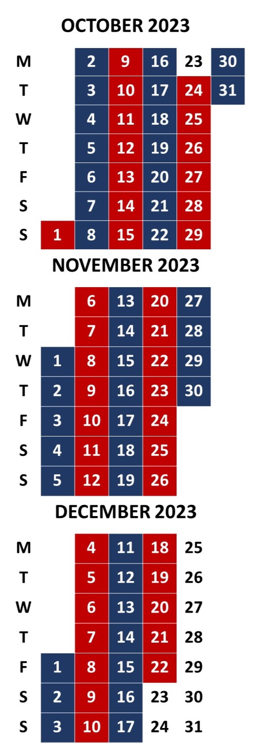 Mobile library calendar for July to September 2023 with red and blue weeks.