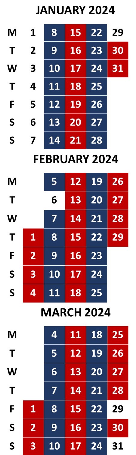 Mobile library calendar for January to March 2024 with red and blue weeks.