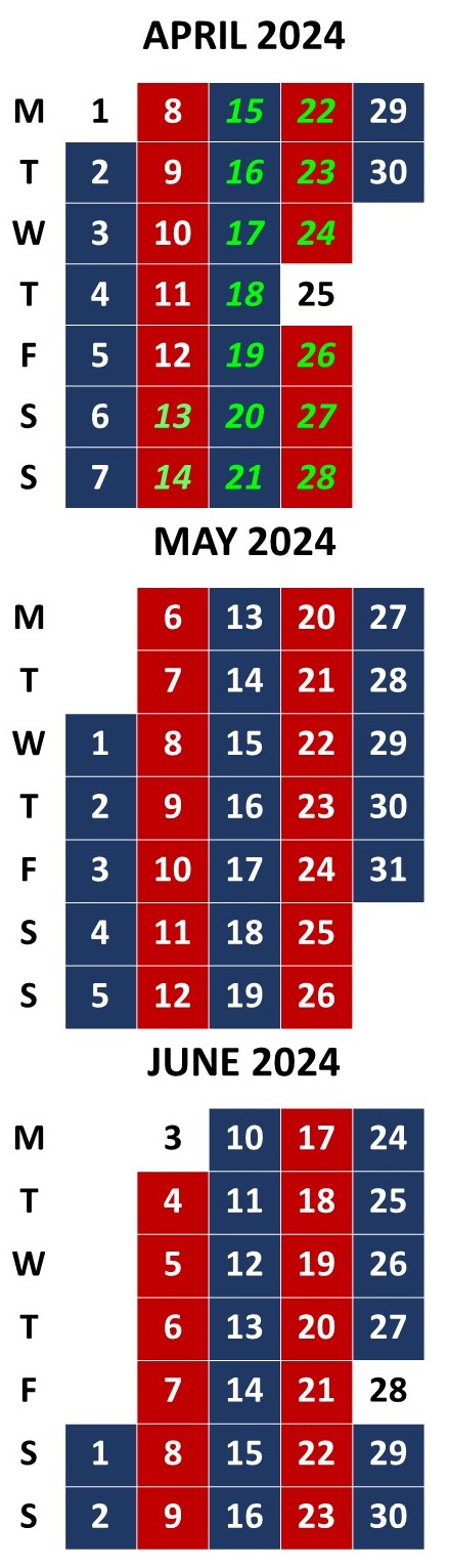 Mobile library calendar for April to June 2024 with red and blue weeks.