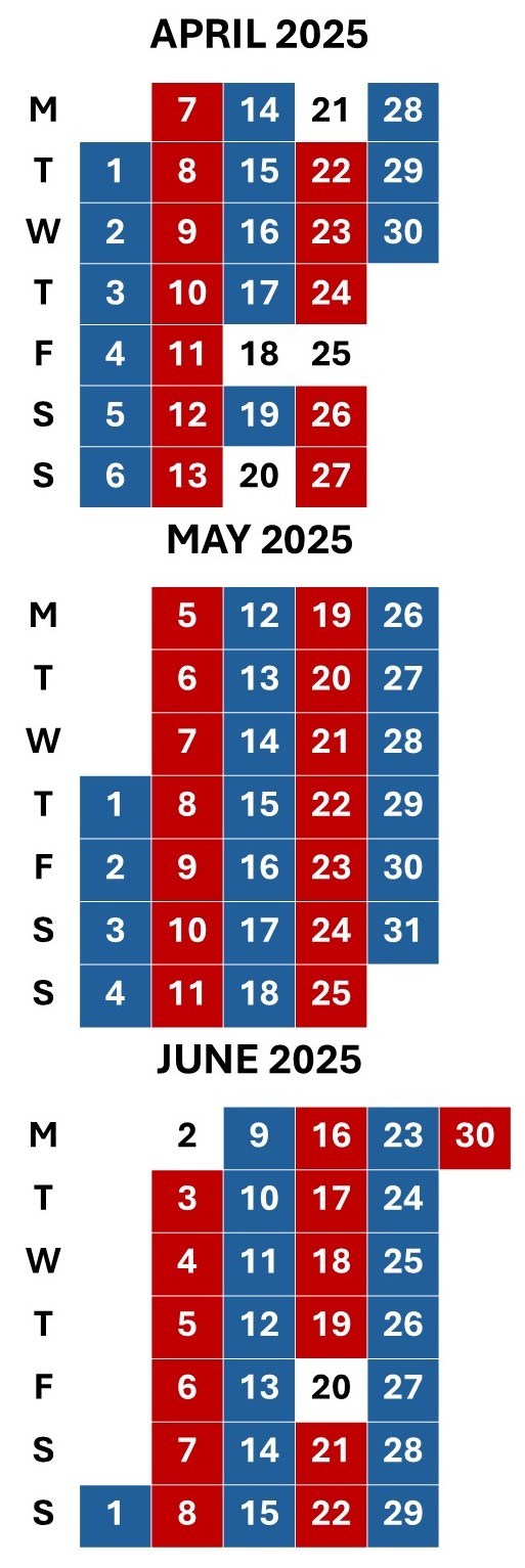 Mobile library calendar for April to June 2025 with red and blue weeks.