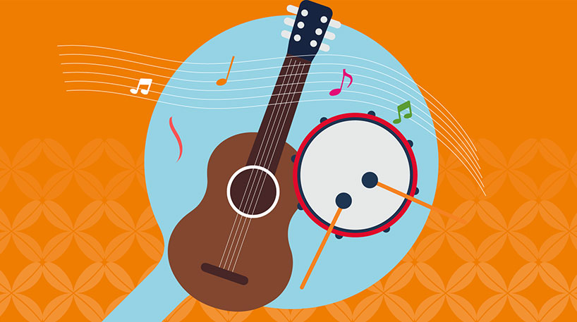 Illustration that includes a ukelele, drum set and musical notes on an orange background