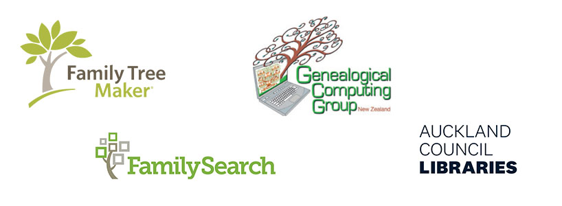 Logos of Gold sponsors Family Tree Maker, Family Search, Genealogical Computing Group and Auckland Council Libraries