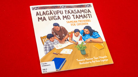 Book cover featuring an illustrated Samoan family looking at books together.
