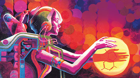 Illustration of woman in robotic suit holding an orb.