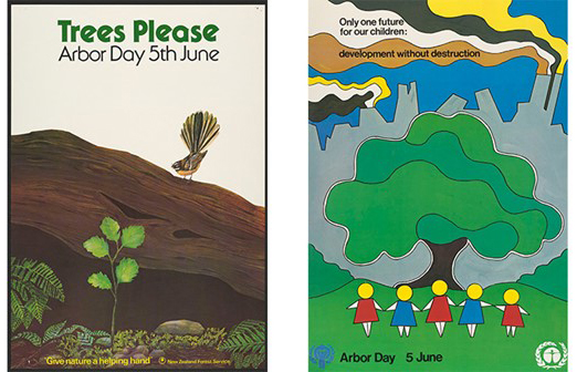 Two colourful posters for Arbor Day, one shows the words Trees Please and the other shows the words Only one future for our children: development without destruction. This is part of the Auckland Council Libraries heritage collections.
