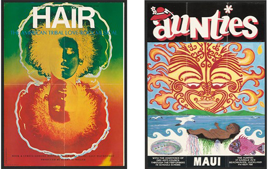 Two colourful event posters. One shows the word Hair. The other shows the word Aunties. These are part of the Auckland Council Libraries heritage collections.