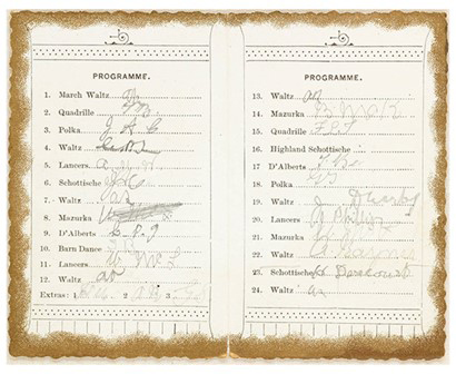 The inside pages of a ball programme which serves as a dance card. It lists names or signatures next to types of dances. This is part of the Auckland Council Libraries heritage collections.
