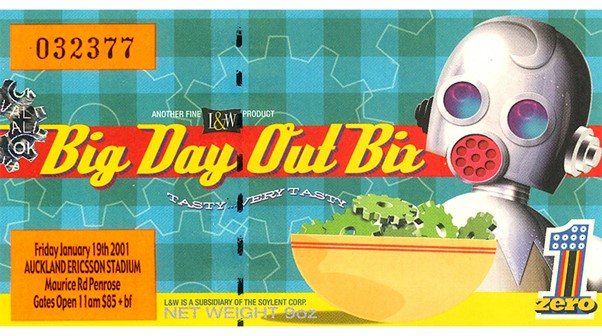 An illustrated ticket for the Big Day Out Bix. It has date, time and venue information. This is part of the Auckland Council Libraries heritage collections.