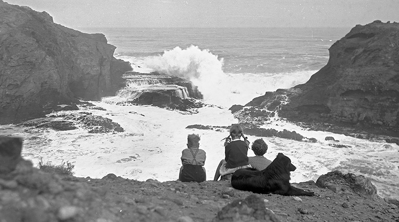 A black and white photo of a family and a dog watching the surf. This is part of the Auckland Council Libraries heritage collections.
