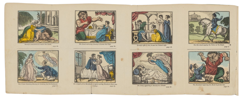 Eight coloured illustration on a page of an old book.