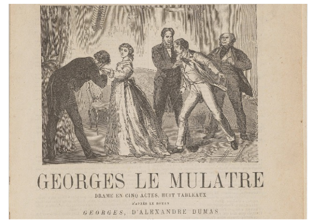 A drawing of a lady and four men and the name Georges Le Mulatre.