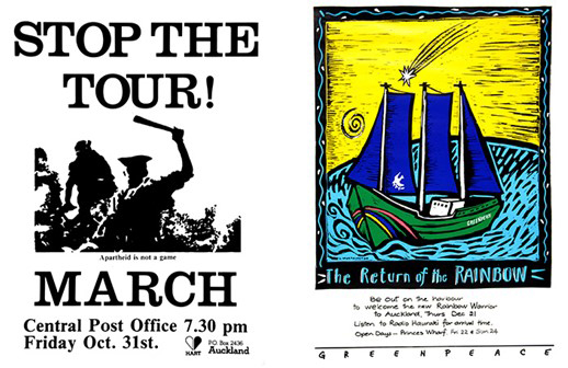 Two event posters, one shows the words Stop the Tour March, the other shows the words The Return of the Rainbow. These are part of the Auckland Council Libraries heritage collections.