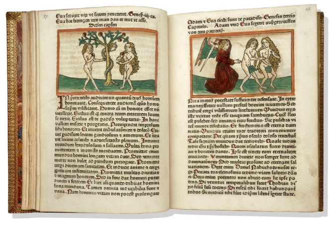 Colourfully illustrated pages of Adam and Eve with text.