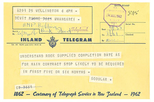 A telegram that is stamped in 1962 with a message that says Understand rock supplied completion date as for main contract stop likely to be required in first five or six months. This is part of the Auckland Council Libraries heritage collections.
