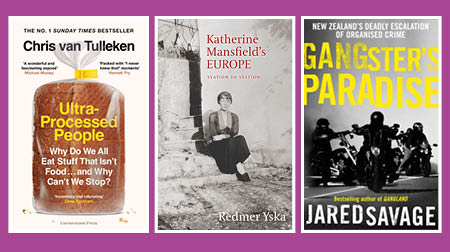 Three book covers. Ultra-Processed People, Katherine Mansfields's EUROPE and Grangster's Paradise.