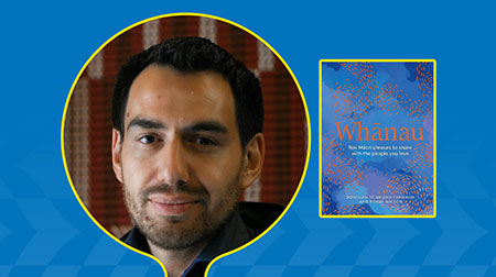 Donovan Te Ahunui Farnham profile picture with his book cover: Whānau: reo Māori phrases to share with the people you love.