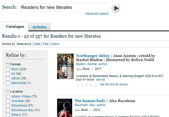 Screenshot of catalogue search for readers for new literates.