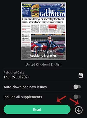 Screenshot showing an arrow pointing to the Read button and an arrow pointing to the download button.