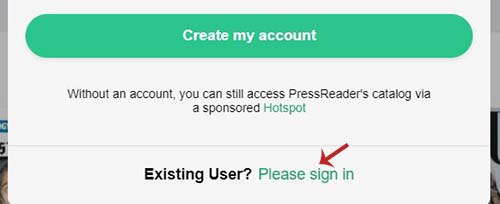 Screenshot showing arrow pointing to Existing User? Please sign in link.