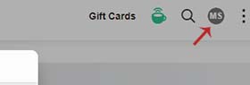Screenshot showing arrow pointing to user initial's on profile icon.