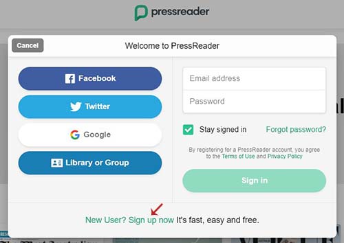 Screenshot showing arrow pointing to New User? Sign up now link.