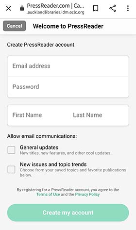 Screenshot showing fields to fill in to create a Pressreader account.