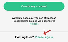 Screenshot showing arrow pointing to Existing User? Please sign in link.