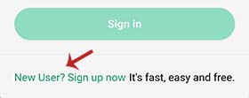 Screenshot showing arrow pointing to New user? Sign up now link.