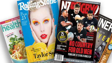Photo of magazines. Magazines include a Taylor Swift cover of Rolling Stone and NZ Rugby with All Blacks montage.