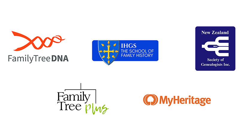Logos of sponsors Family Tree DNA, IHGS The School of Family History, NZ Society of Genealogists, FamilyTree UK magazine FamilyTree Plus and MyHeritage