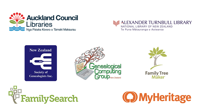 Logos of sponsors for the Family History Expo 2021.