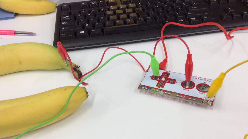Image of electrical leads inserted into fresh bananas.