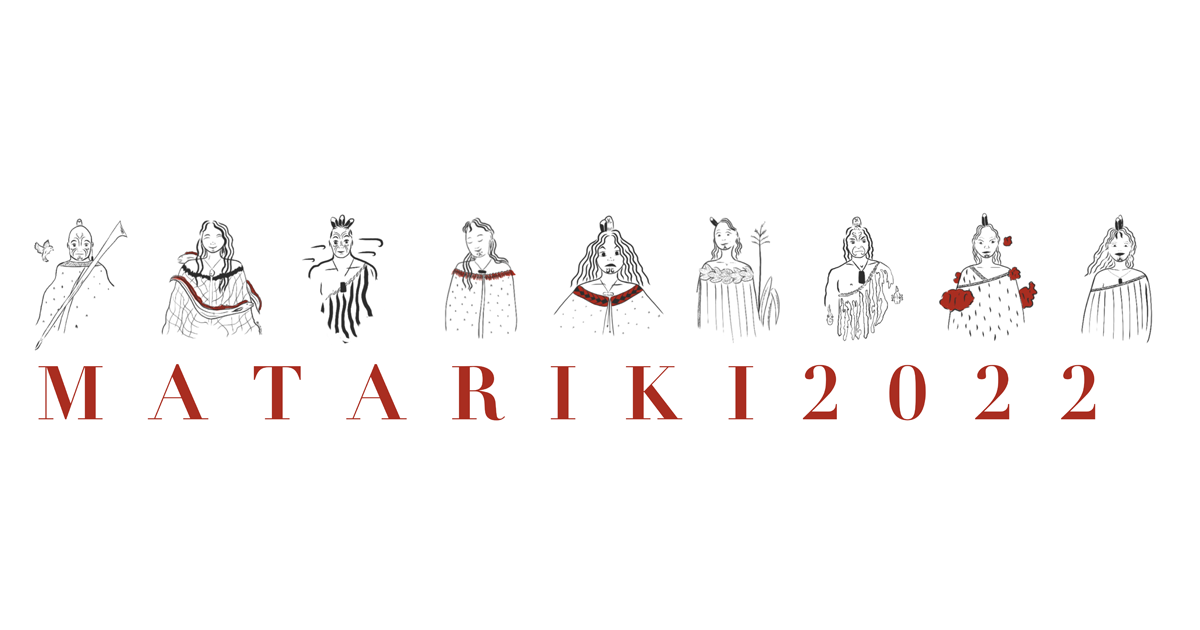 Illustrative image of the nine stars of Matariki. Matariki 2022 is spelled out beneath the image in red letters.