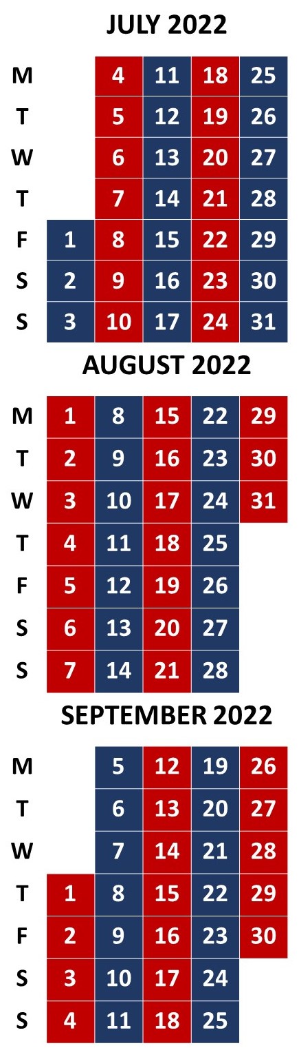 Mobile library calendar for July to September 2022 with red and blue weeks.
