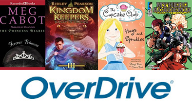 Image of four books for kids above the Overdrive logo.