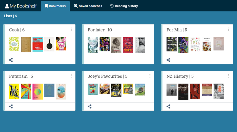Screenshot of the library catalogue showing a user's curated reading lists on different themes and for specific people.