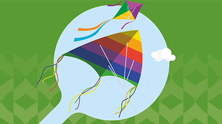 Illustration of colourful kite in the sky against a green background.