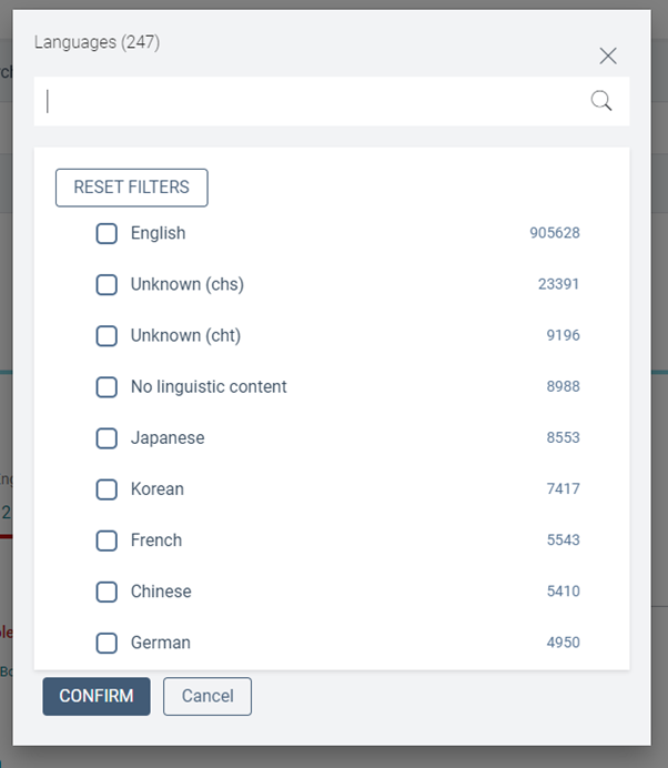 Popup window showing language filter options.