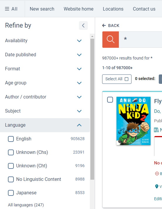 Image shows filters that can be applied to search, especially languages.