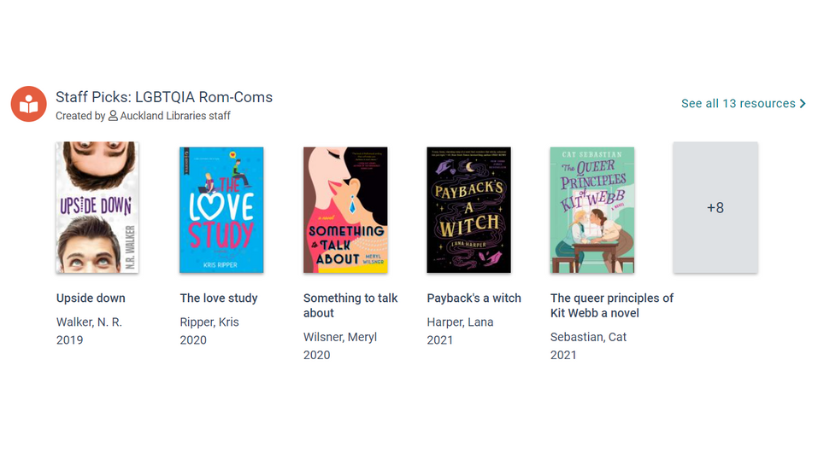 Screenshot of a list of 'Staff Picks' book covers in the new library catalogue on the theme of 'LGBTQIA Rom-Coms'.