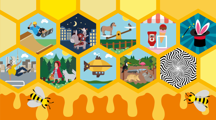 A honeycomb illustration with bees and dripping honey. There's an adventure scene image. within each of the ten honeycomb cells