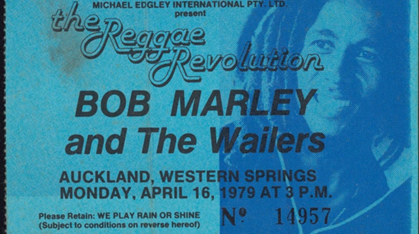 Digitised concert ticket (cropped) for Bob Marley and the Wailers, 1979.