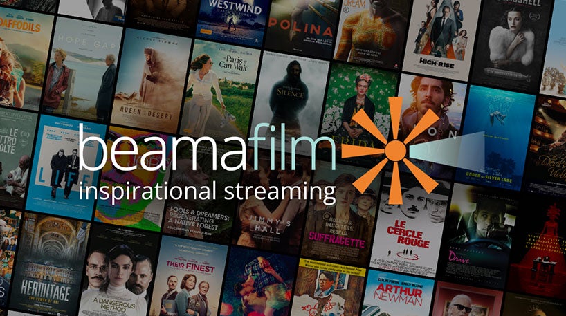 Collage of movie and TV series cover images with the words 'Beamafilm inspirational streaming' and logo