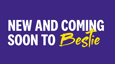 purple background with the words "new and coming soon to Bestie"