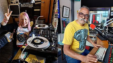 A split image of two DJs inside separate studios.