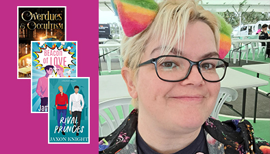 Author Jamie Sands profile and three book covers titled Overdues and Occultism, Beacon of Love and Rival Princes.