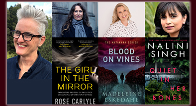 Coastal Crime: Auckland crime writers panel and book covers.